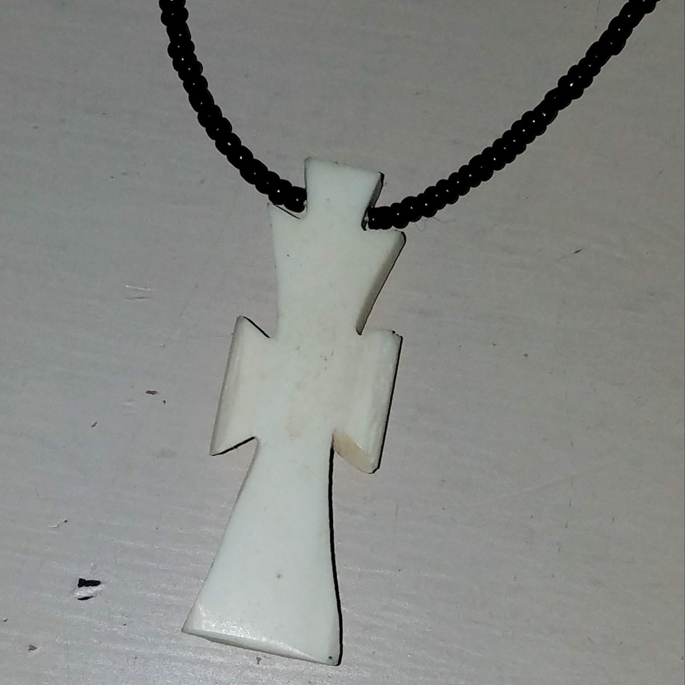 Black Bead & Ivory Cross Necklace